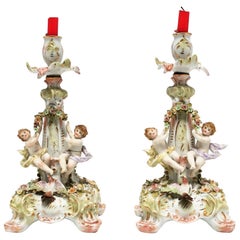 Antique Rococo German Porcelain Candlesticks Holders with Putti, Pair 