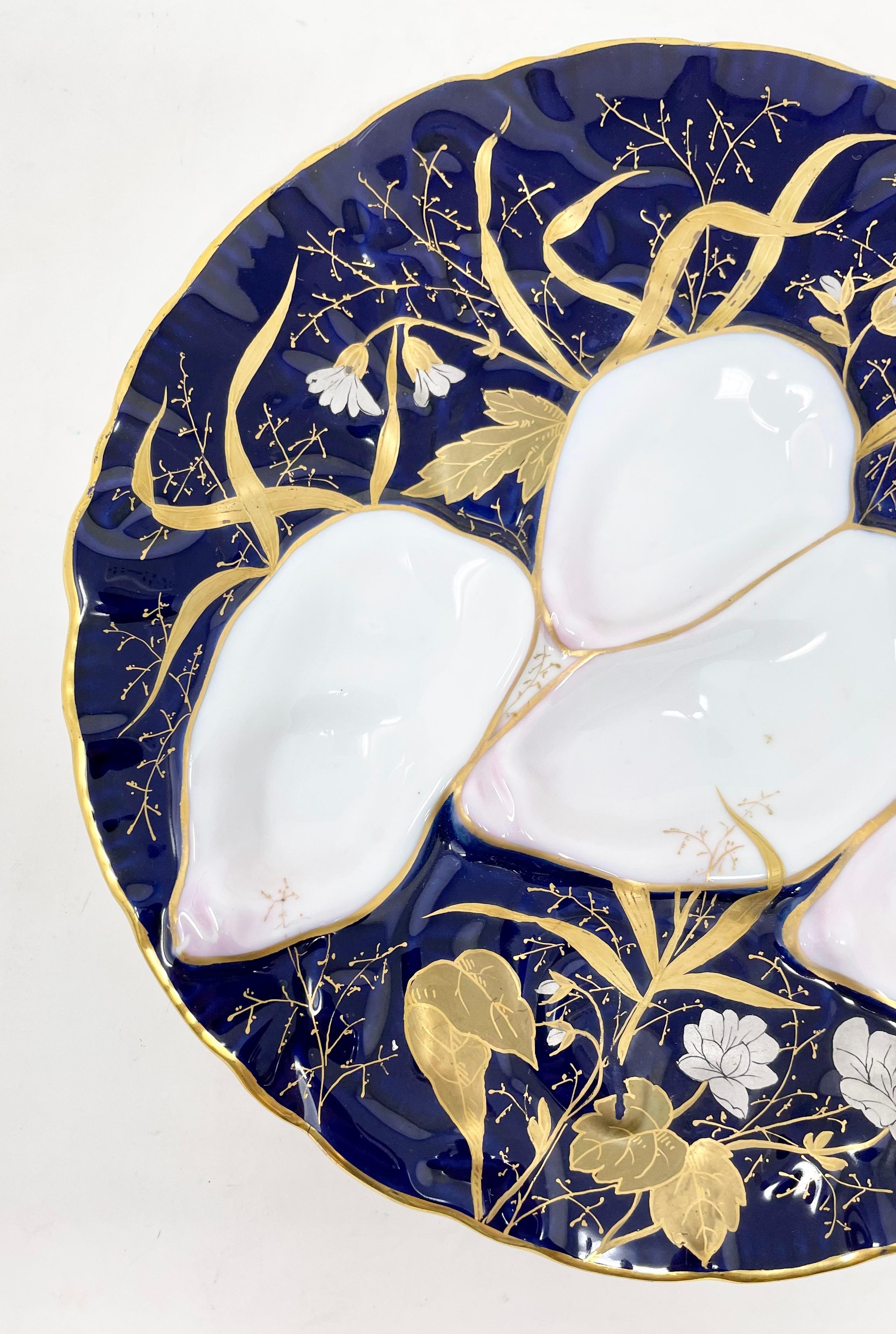 Antique German Porcelain Cobalt Blue & Gold Turkey Pattern Oyster Plate, Ca 1900 In Good Condition In New Orleans, LA