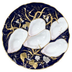Antique German Porcelain Cobalt Blue & Gold Turkey Pattern Oyster Plate, Ca 1900