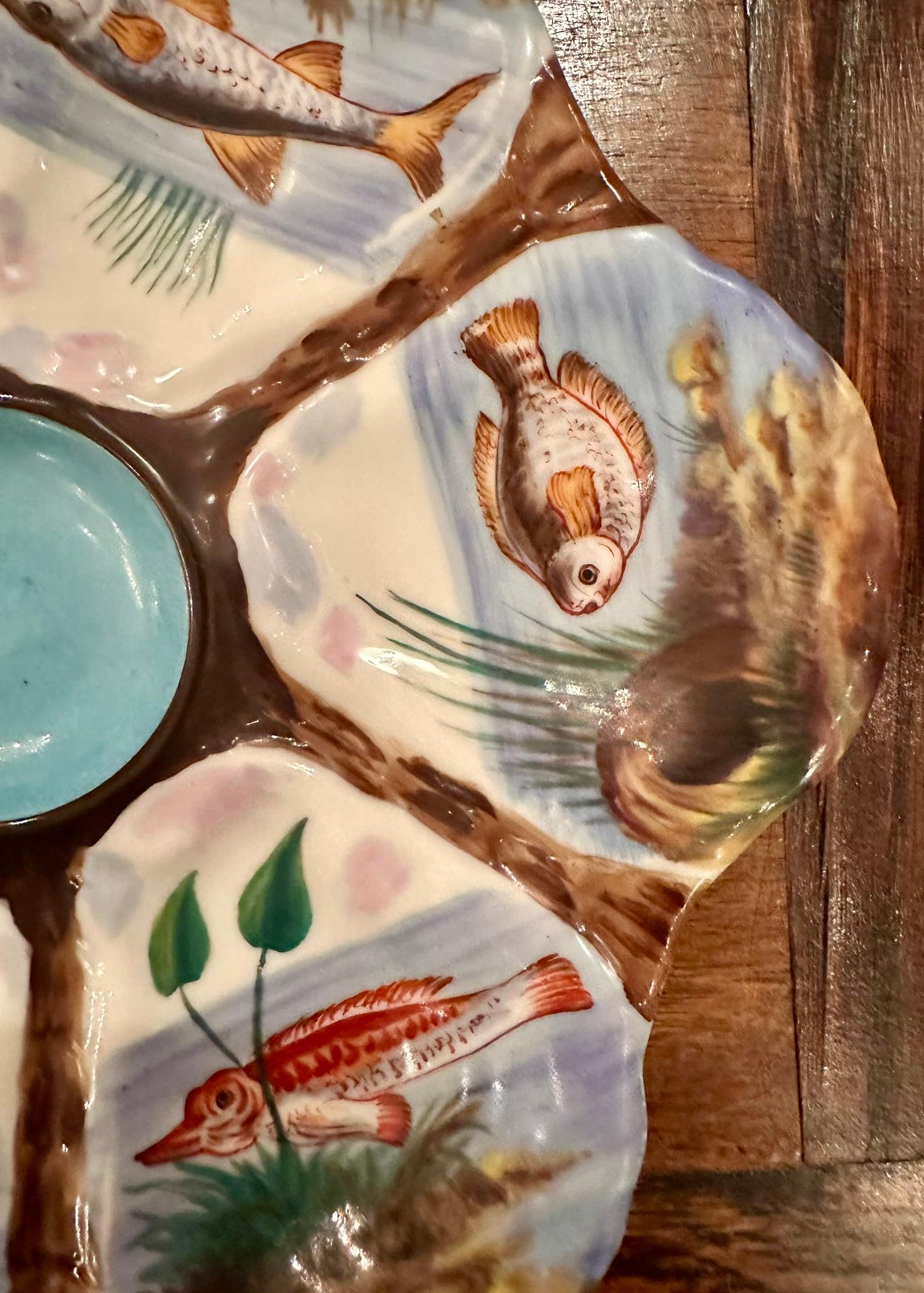19th Century Antique German Porcelain Colorful Hand-Painted Sea-Life Oyster Plate, Circa 1890 For Sale