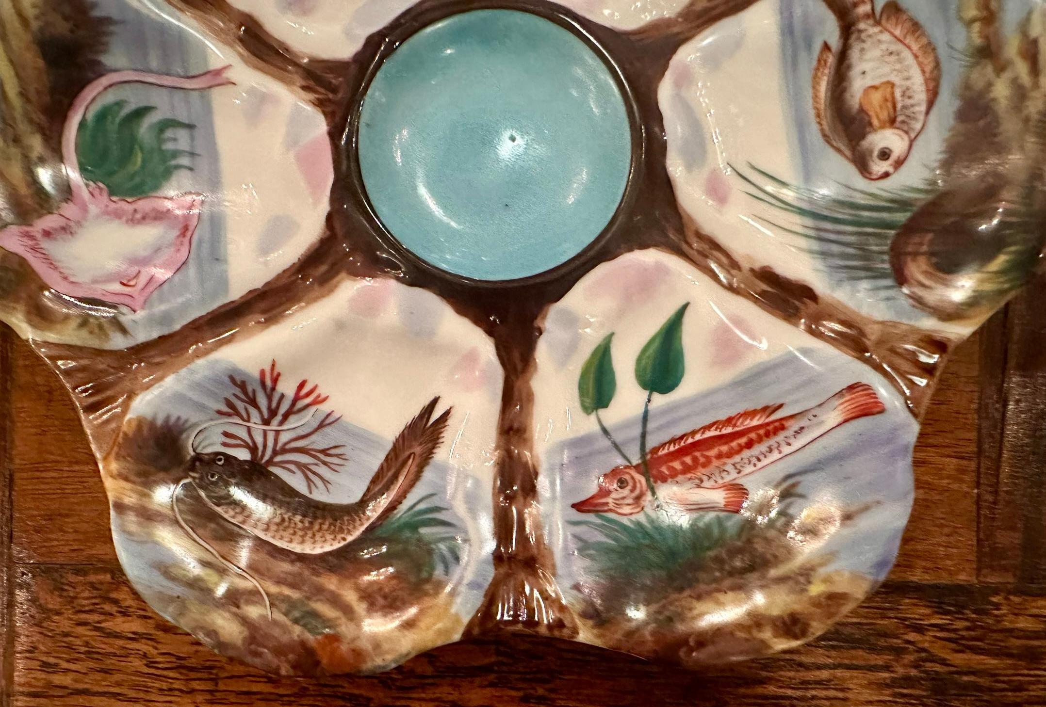 Antique German Porcelain Colorful Hand-Painted Sea-Life Oyster Plate, Circa 1890 For Sale 1