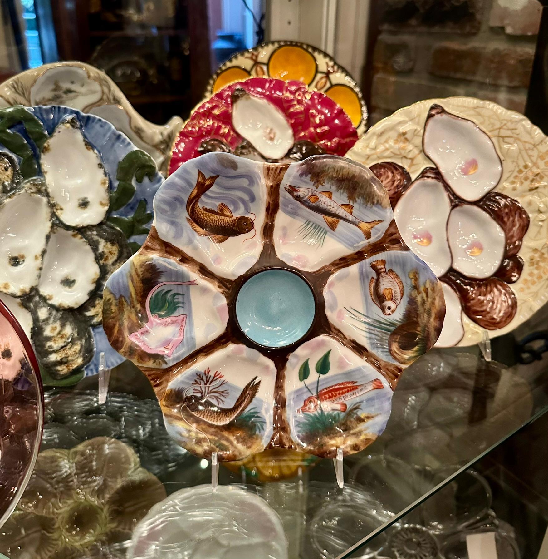 Antique German Porcelain Colorful Hand-Painted Sea-Life Oyster Plate, Circa 1890 For Sale 3