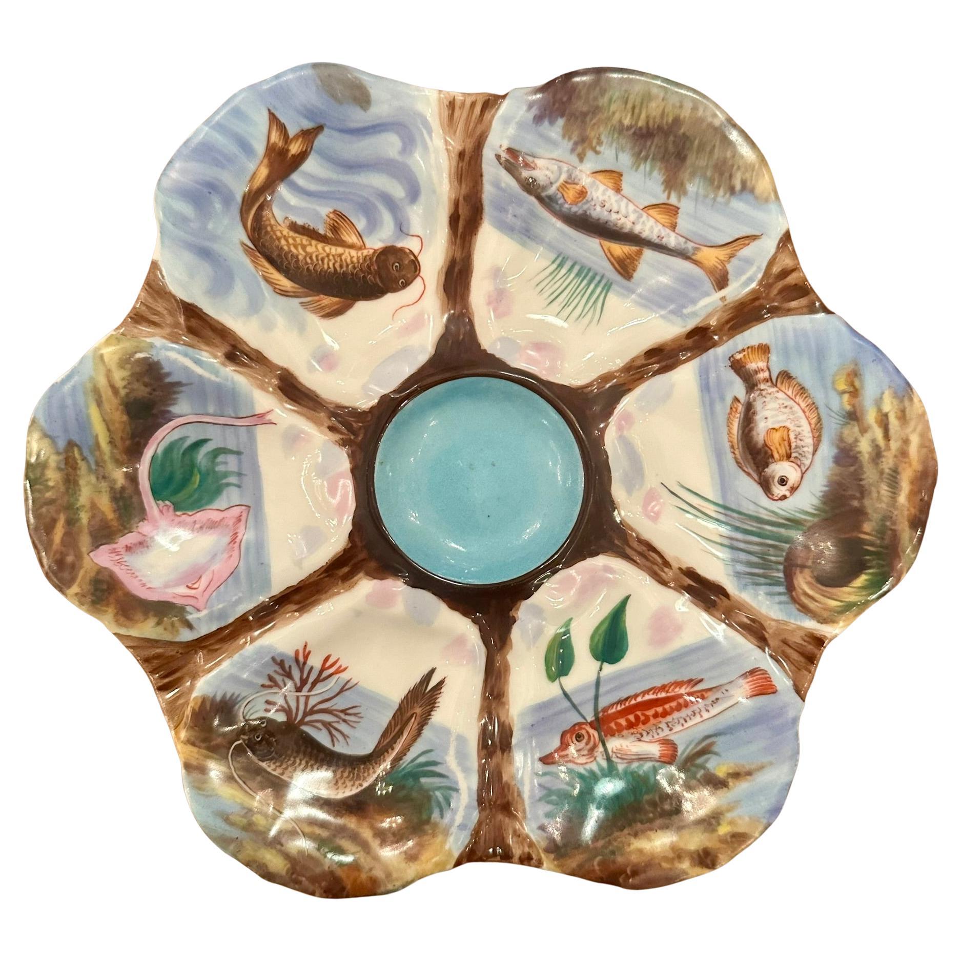 Antique German Porcelain Colorful Hand-Painted Sea-Life Oyster Plate, Circa 1890
