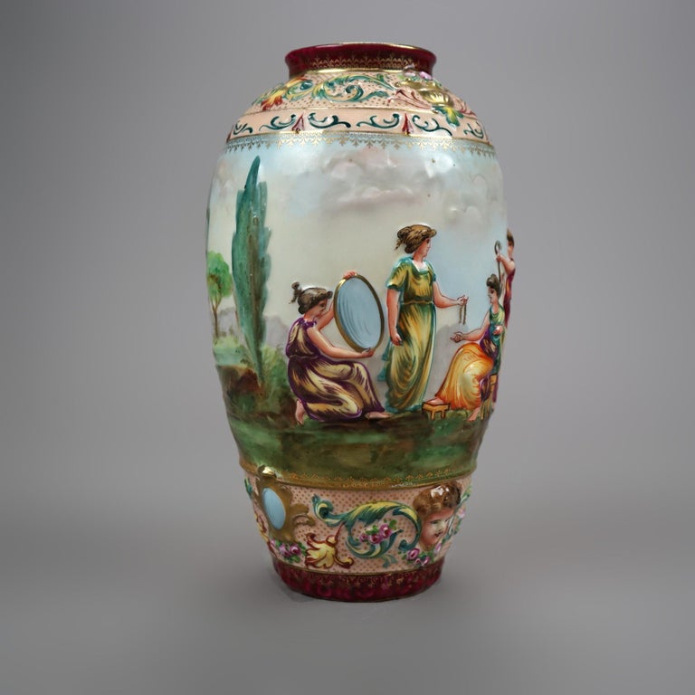 Antique German Porcelain Figural In-Relief Porcelain Vase, Genre Scene, 1900 In Good Condition For Sale In Big Flats, NY