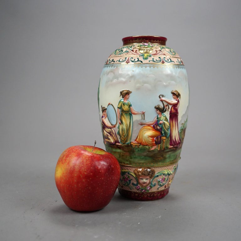 20th Century Antique German Porcelain Figural In-Relief Porcelain Vase, Genre Scene, 1900 For Sale