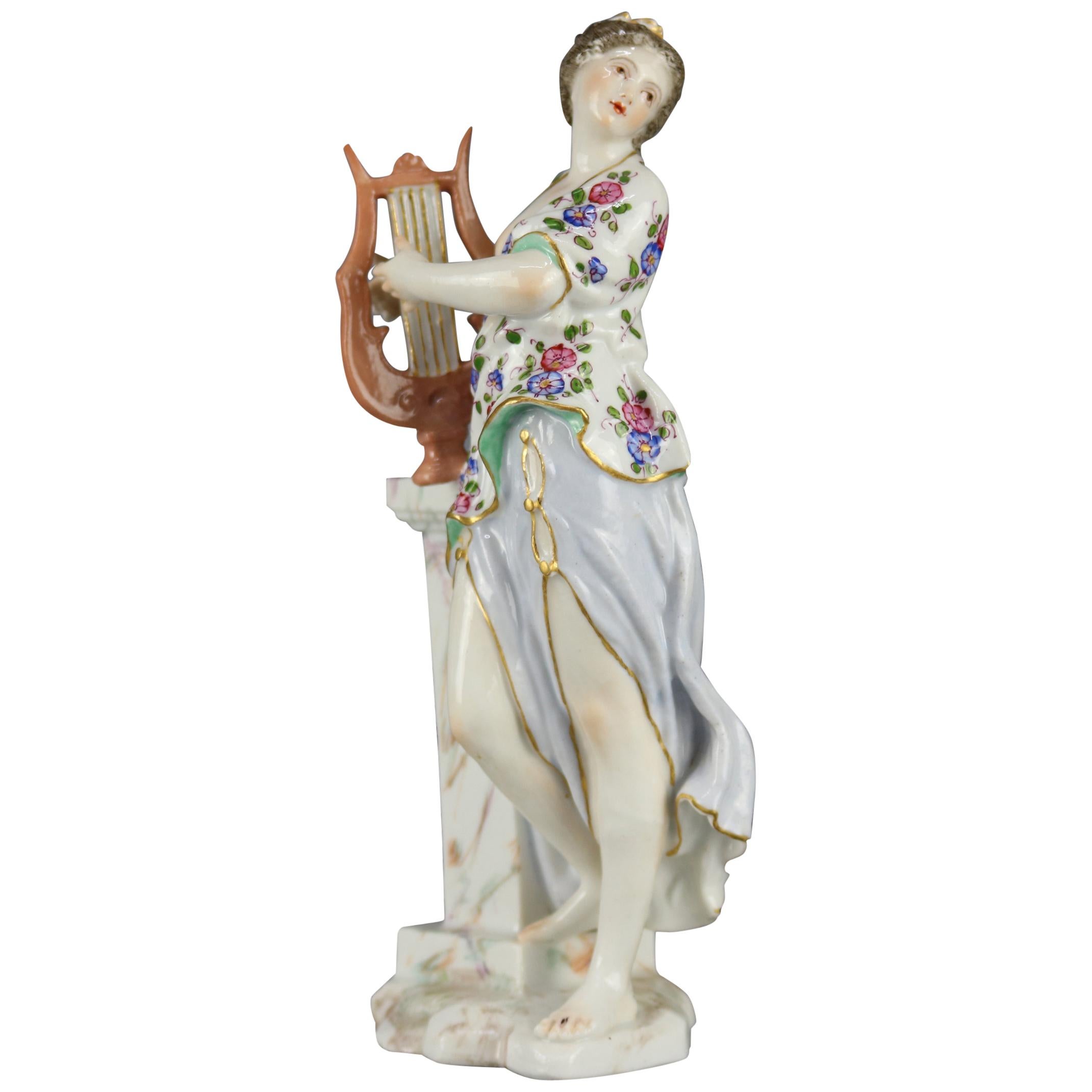 Antique German Porcelain Figure of Classical Woman with Harp, 19th Century