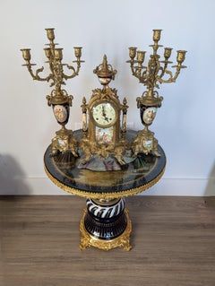 Antique German Porcelain & French Brass Cobalt Blue Clock & Candelabras