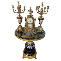Antique German Porcelain & French Brass Cobalt Blue Clock & Candelabras