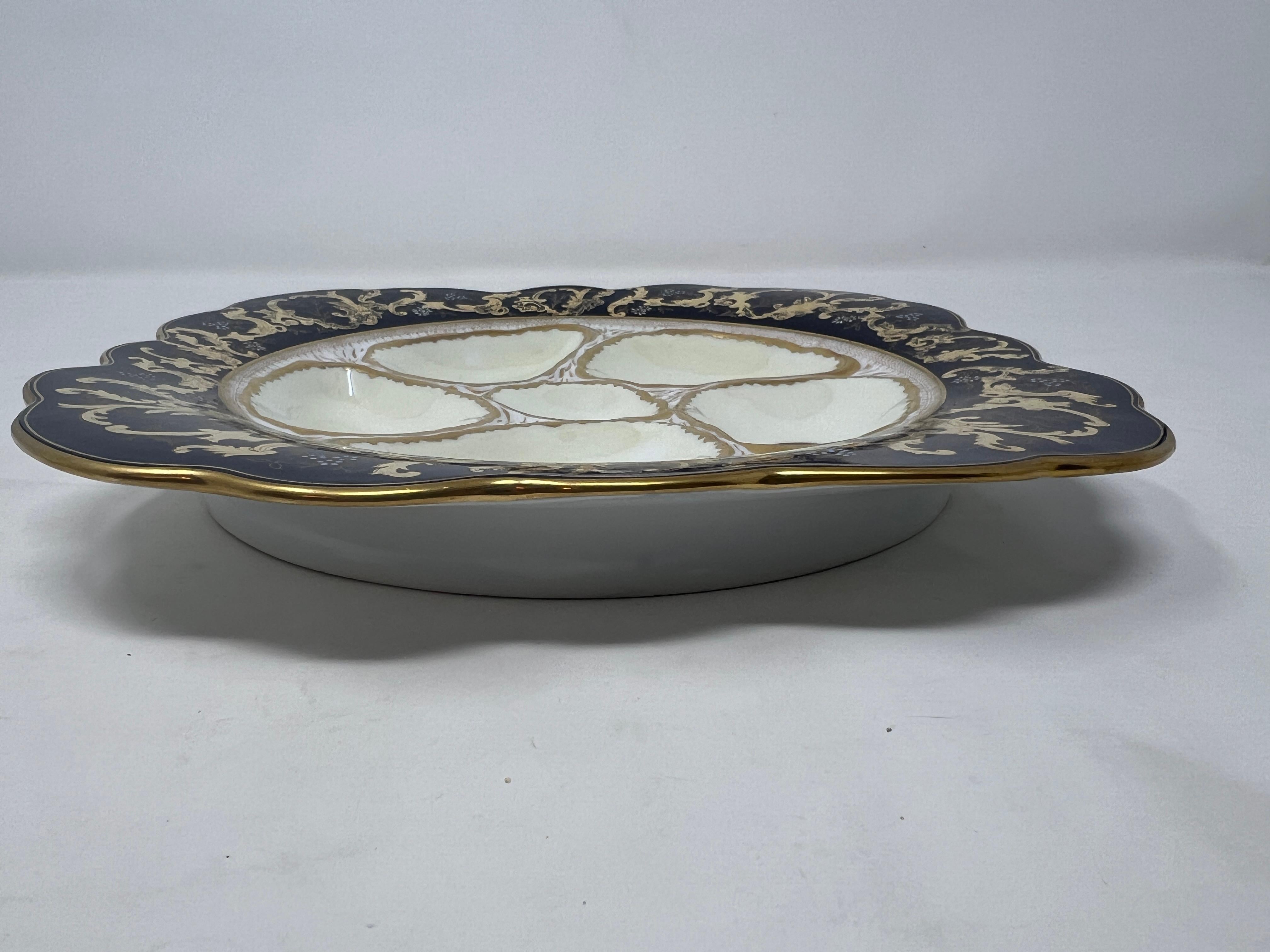 20th Century Antique German Porcelain Gold & Cobalt Blue Oyster Plate for Nathan Dohrmann Co. For Sale
