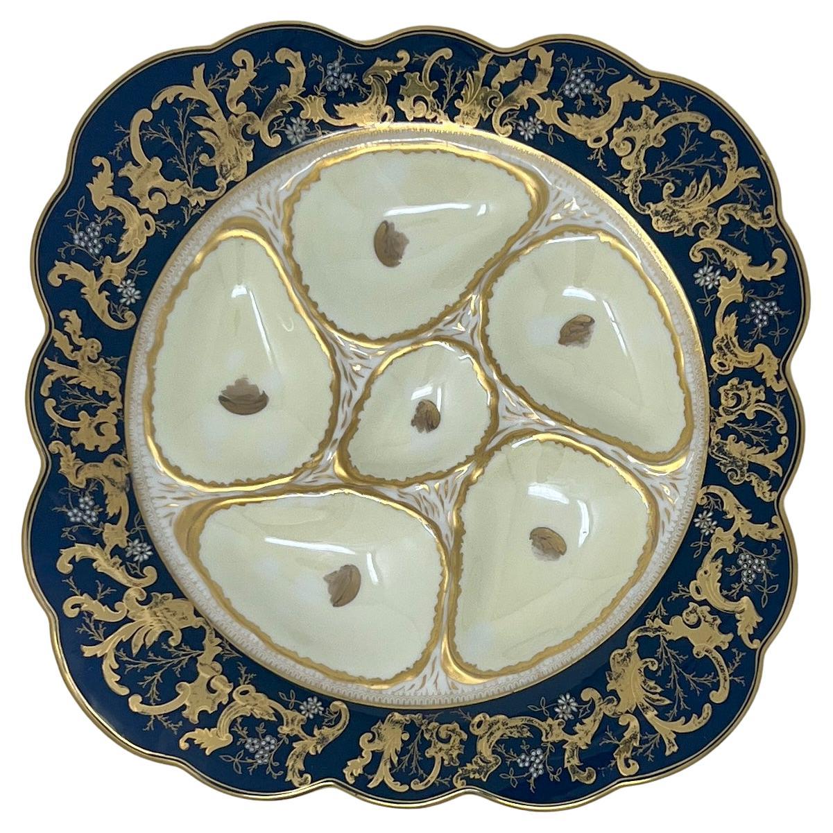 Antique German Porcelain Gold & Cobalt Blue Oyster Plate for Nathan Dohrmann Co.