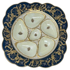 Assiette à huîtres ancienne en porcelaine allemande or et bleu cobalt pour Nathan Dohrmann Co.