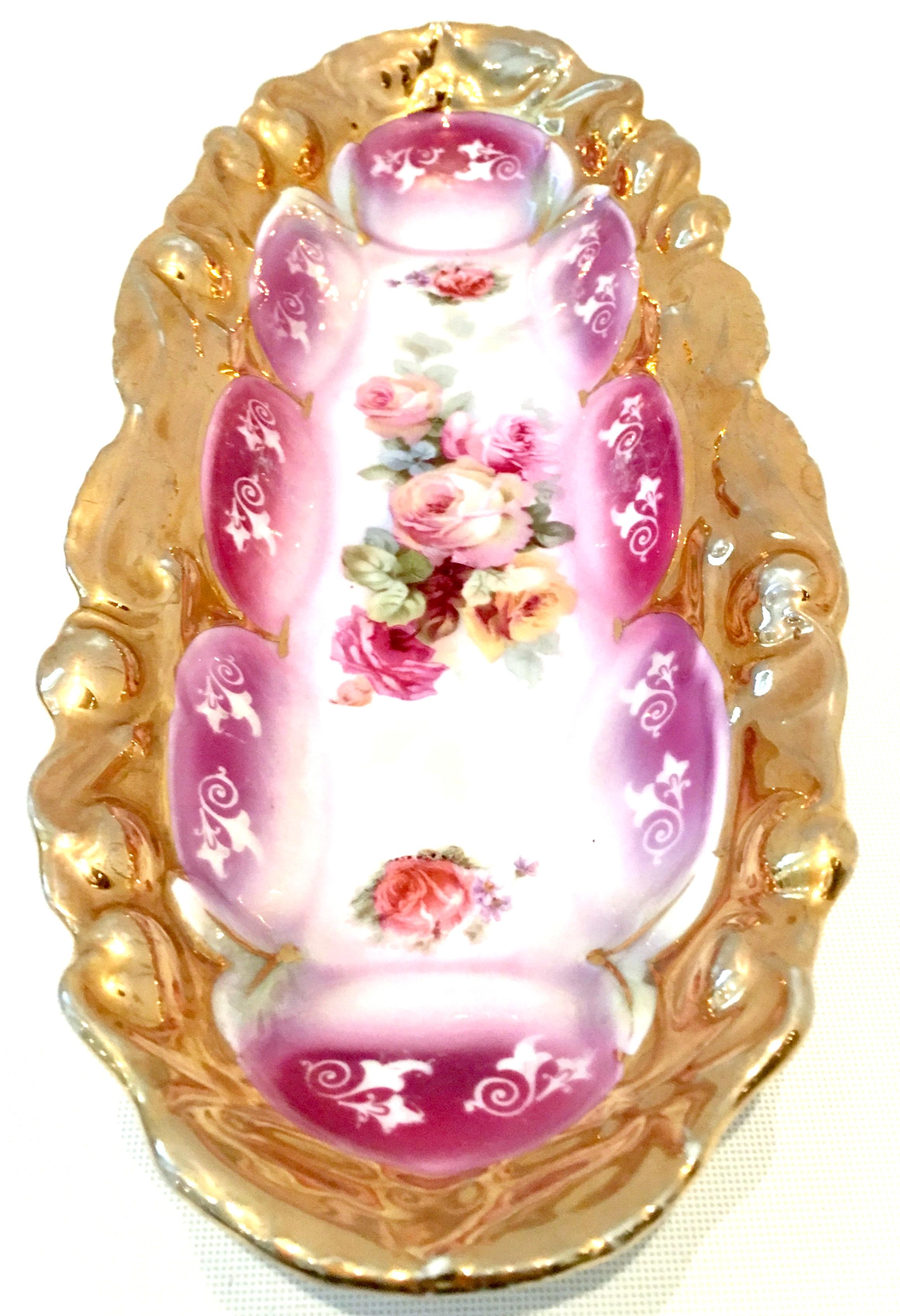 Hand-Painted Antique German Porcelain Hand Painted 22-Karat Gold Oval Dish For Sale