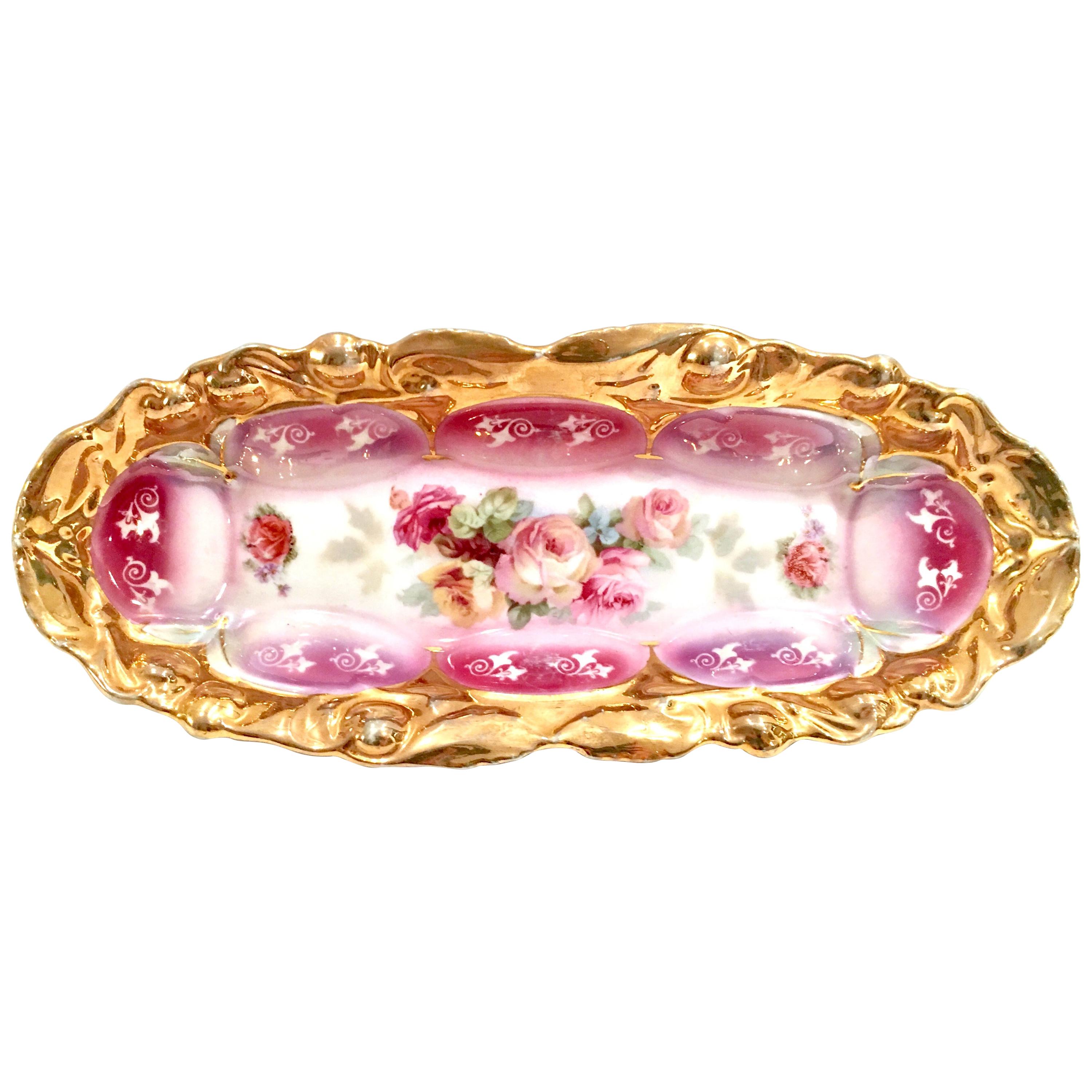 Antique German Porcelain Hand Painted 22-Karat Gold Oval Dish For Sale