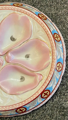 Antique German Porcelain Hand-Painted Dog Dish Design Oyster Plate, Circa 1890.
