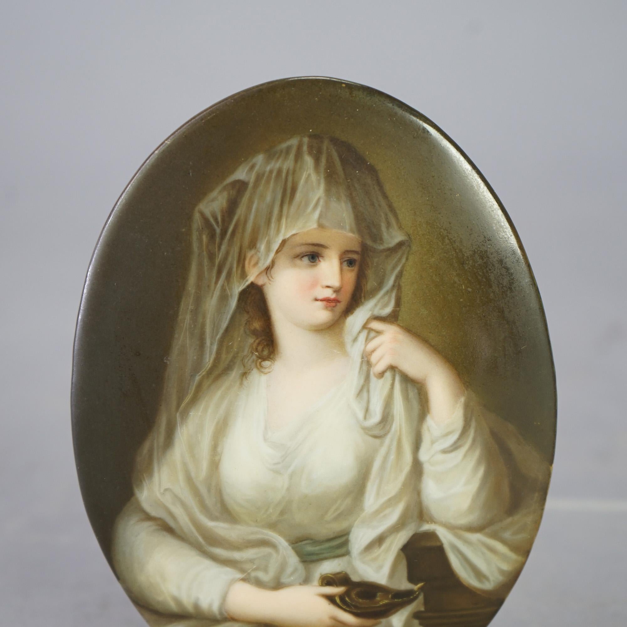 Antique German Porcelain Hand Painted Portrait Plaque Of Young Woman 19th C In Good Condition In Big Flats, NY