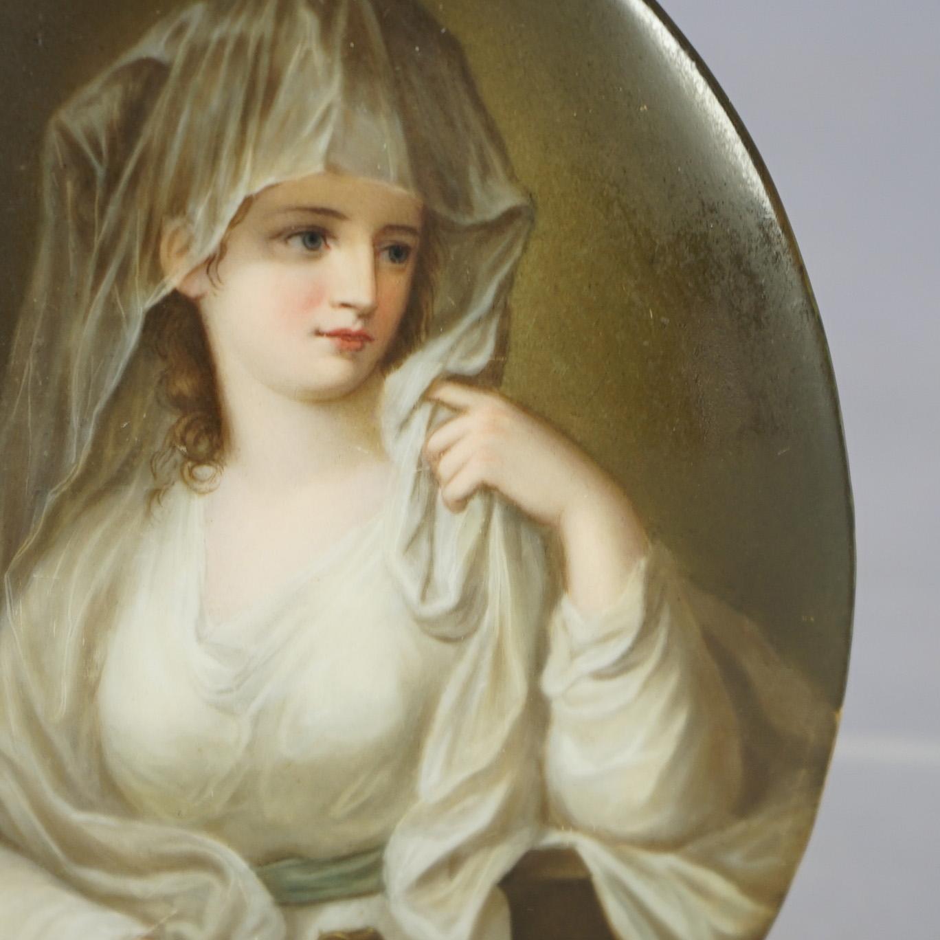 19th Century Antique German Porcelain Hand Painted Portrait Plaque Of Young Woman 19th C