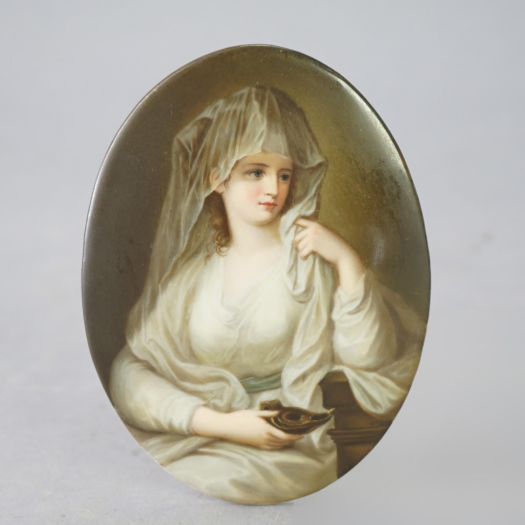 Antique German Porcelain Hand Painted Portrait Plaque Of Young Woman 19th C 1