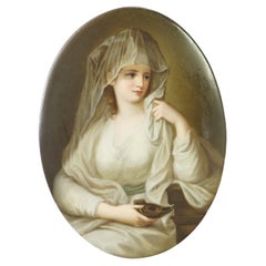 Plaque de portrait de jeune femme peinte à la main en porcelaine allemande ancienne 19ème siècle