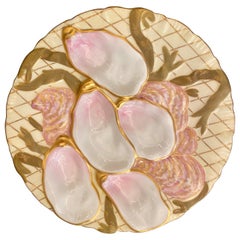 Antique German Porcelain Ivory, Pink and Gold Netted "Turkey" Oyster Plate