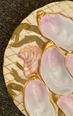 Antique German Porcelain Ivory, Pink and Gold Netted "Turkey" Oyster Plate