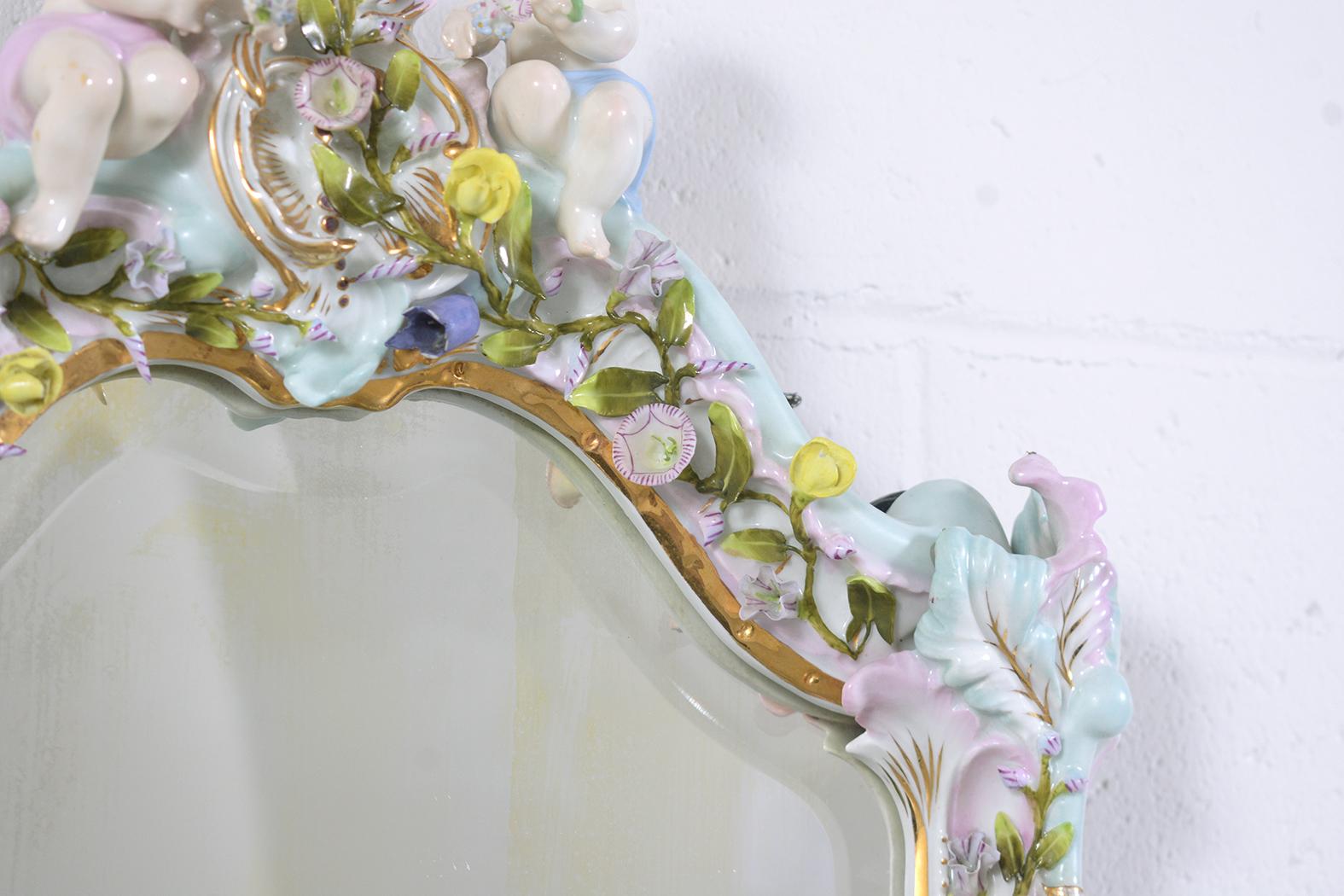 Hand-Crafted Antique German Colorful Floral Frame Porcelain Mirror For Sale