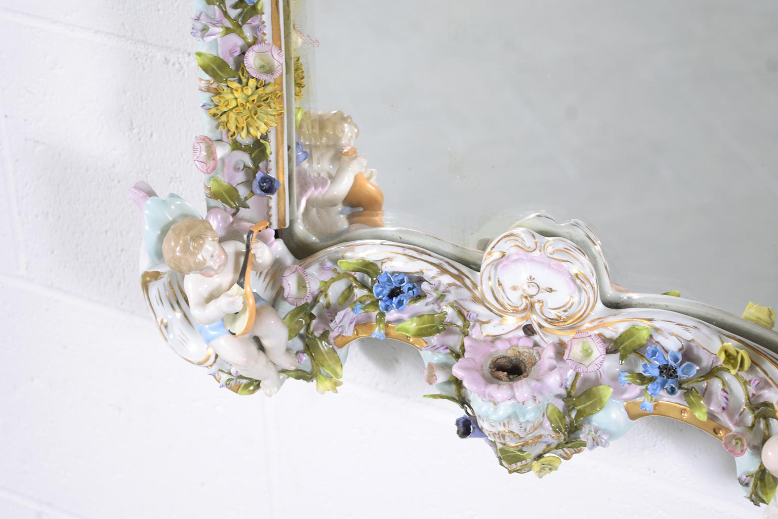 Antique German Colorful Floral Frame Porcelain Mirror For Sale 2