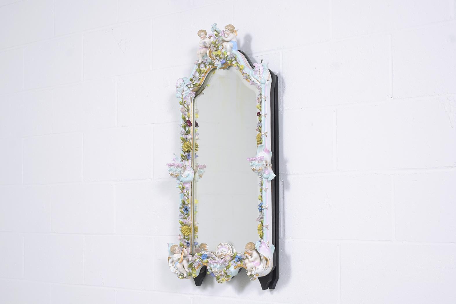 Antique German Colorful Floral Frame Porcelain Mirror For Sale 3