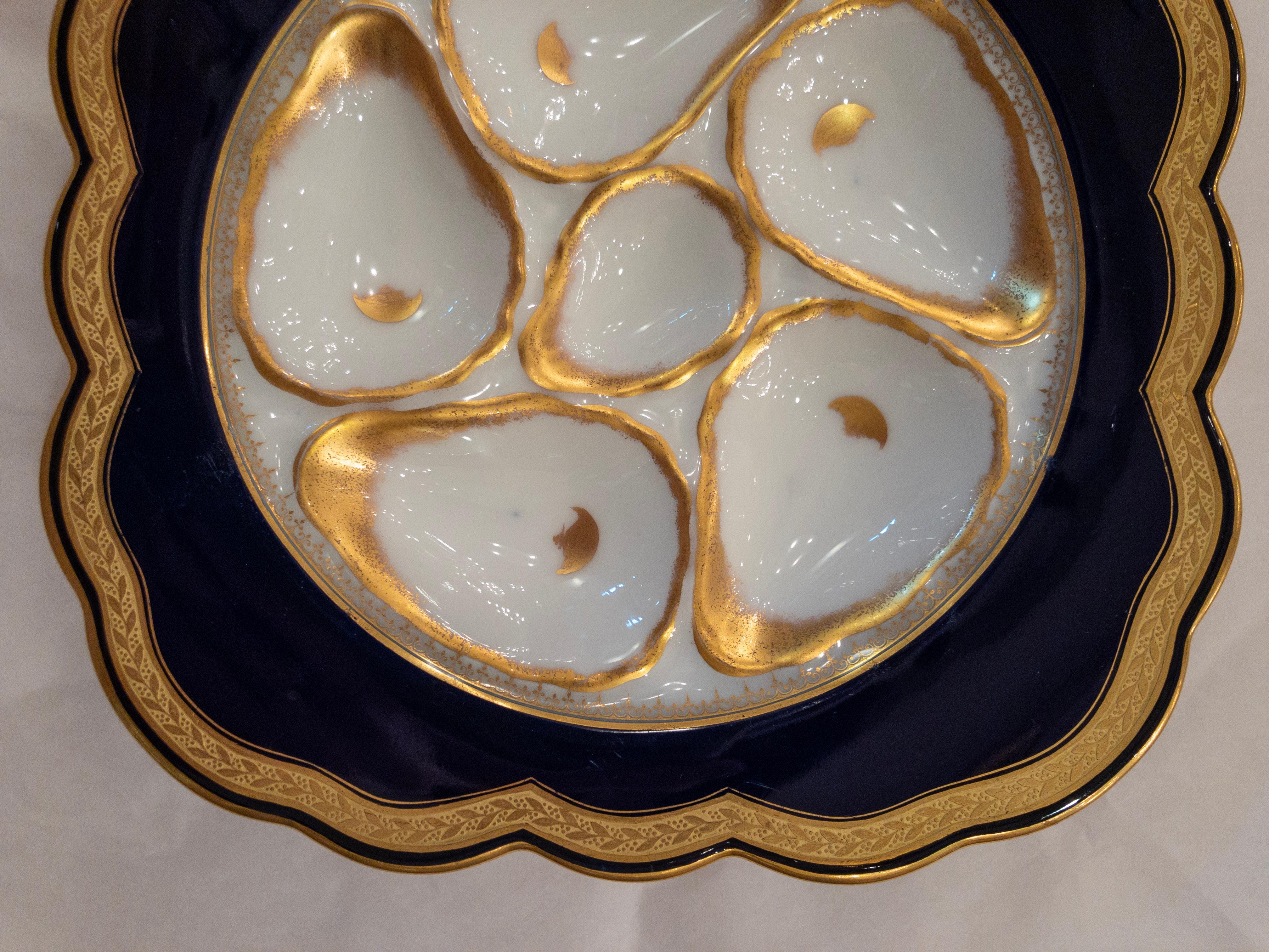 Antique German Porcelain Oyster Plate in Rare Cobalt Color, circa 1890s In Good Condition In New Orleans, LA