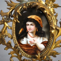 Antique German Porcelain Portrait Plaque in Gilt Bronze Foliate Frame, c1890