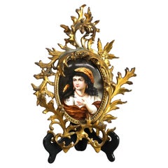 Antique German Porcelain Portrait Plaque in Gilt Bronze Foliate Frame, c1890