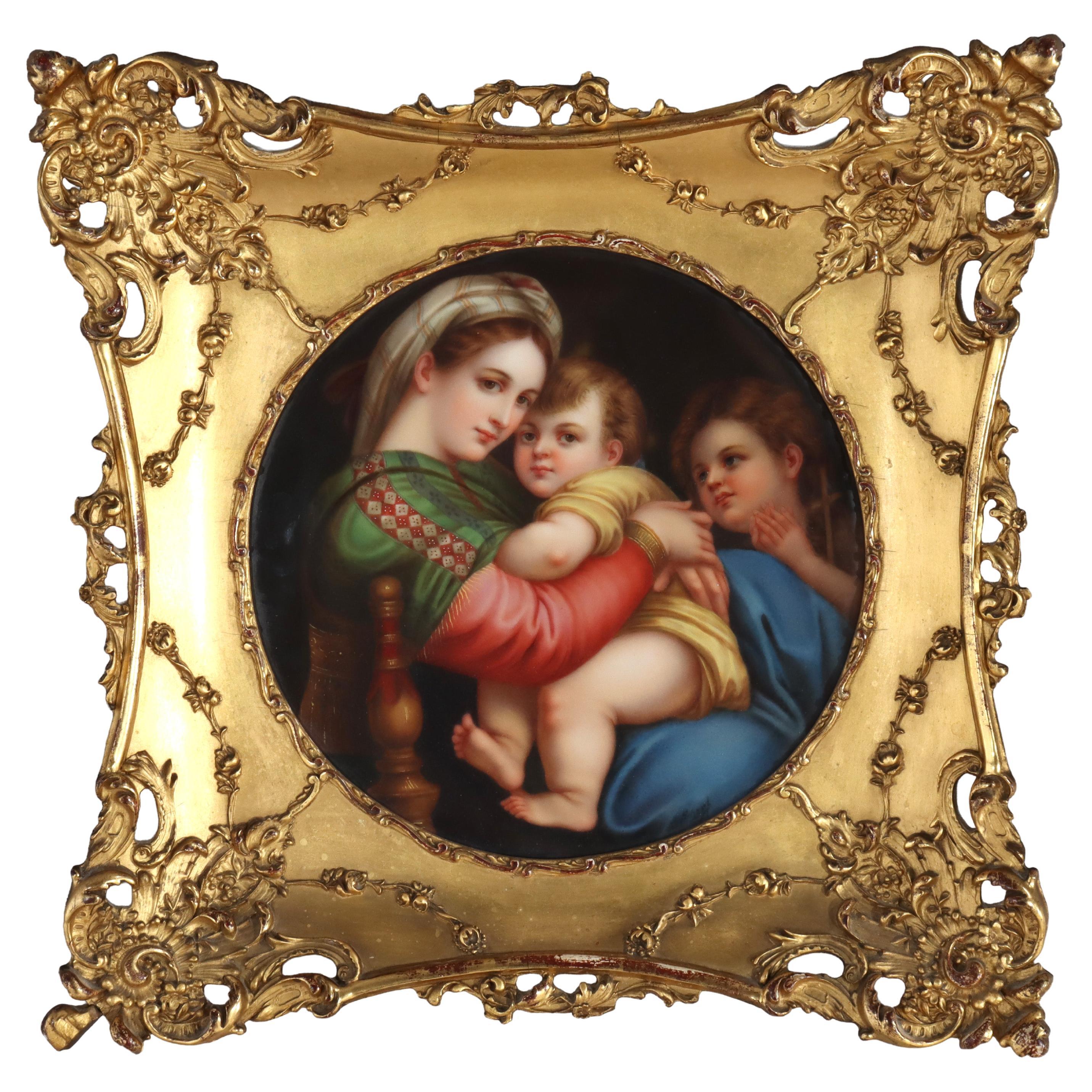 Antike deutsche Porzellan-Porträtplakette "Madonna Della Jedin Mach Rafael" C1910