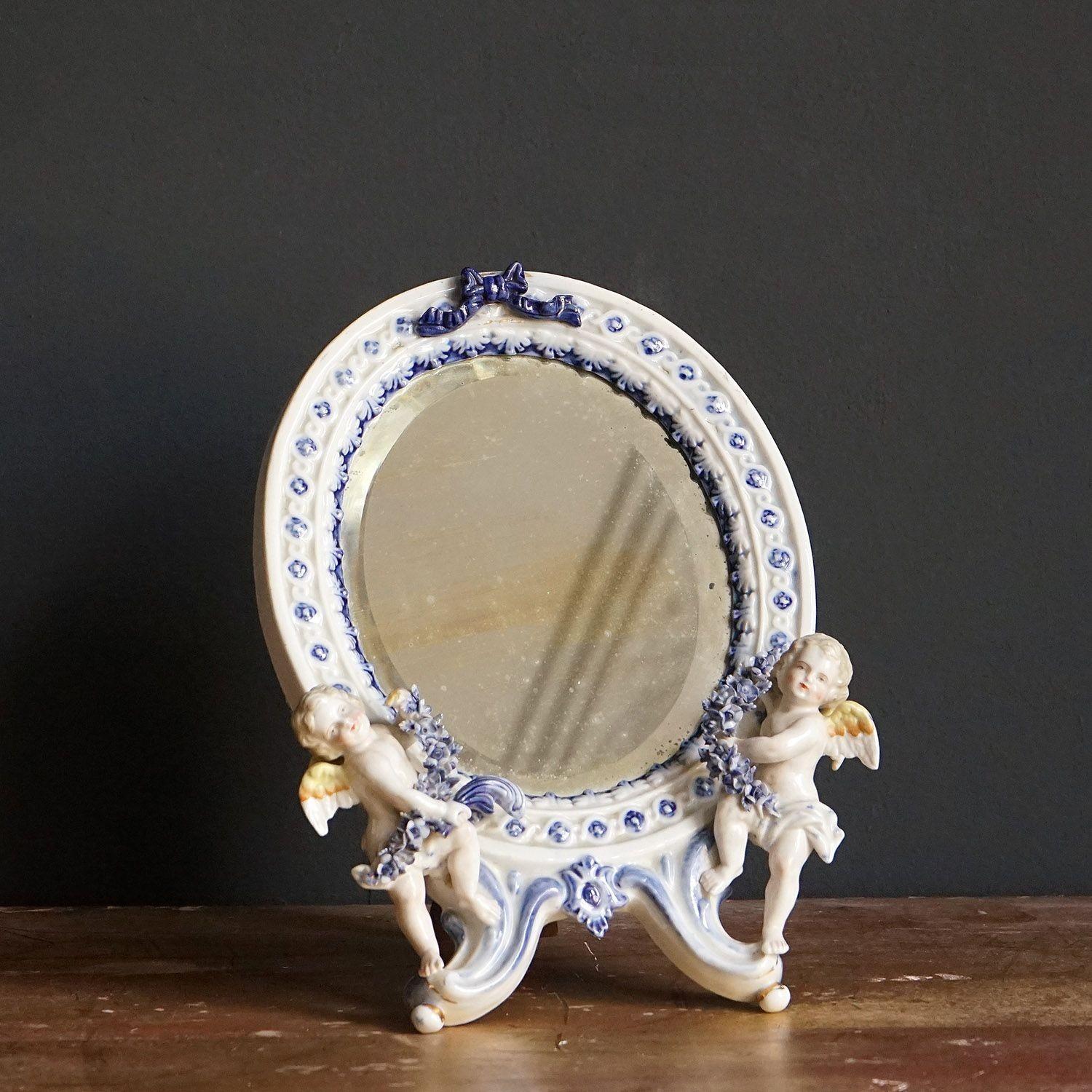 Antique German Porcelain Table Mirror With Cherubs, 19th Century In Good Condition For Sale In Bristol, GB
