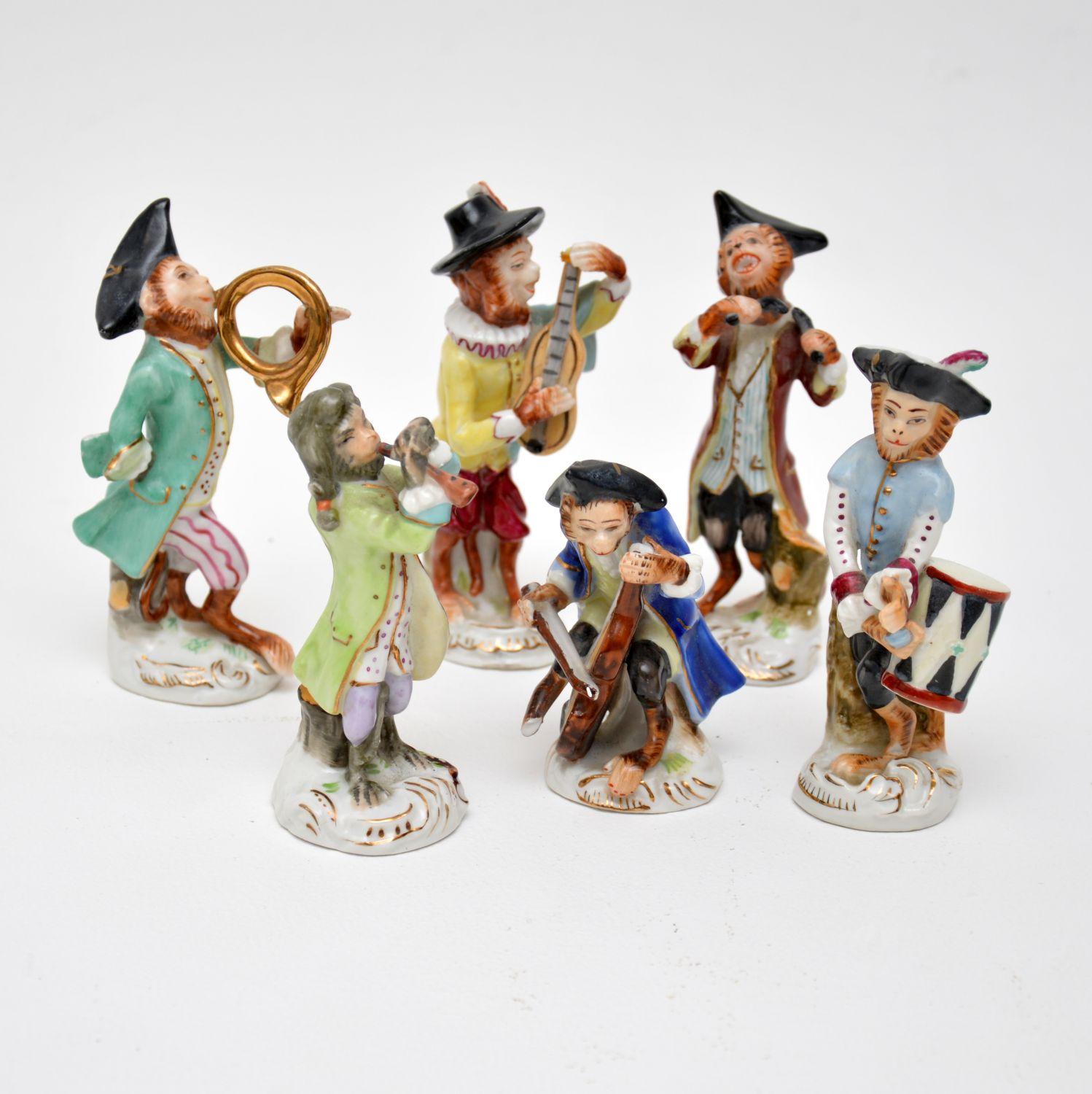 A whimsical and very beautifully made collection of German monkey band porcelain figurines. These are very much in the style of Meissen and Dresden pottery, they are unmarked but were likely made in Germany in the late 19th century.

The quality