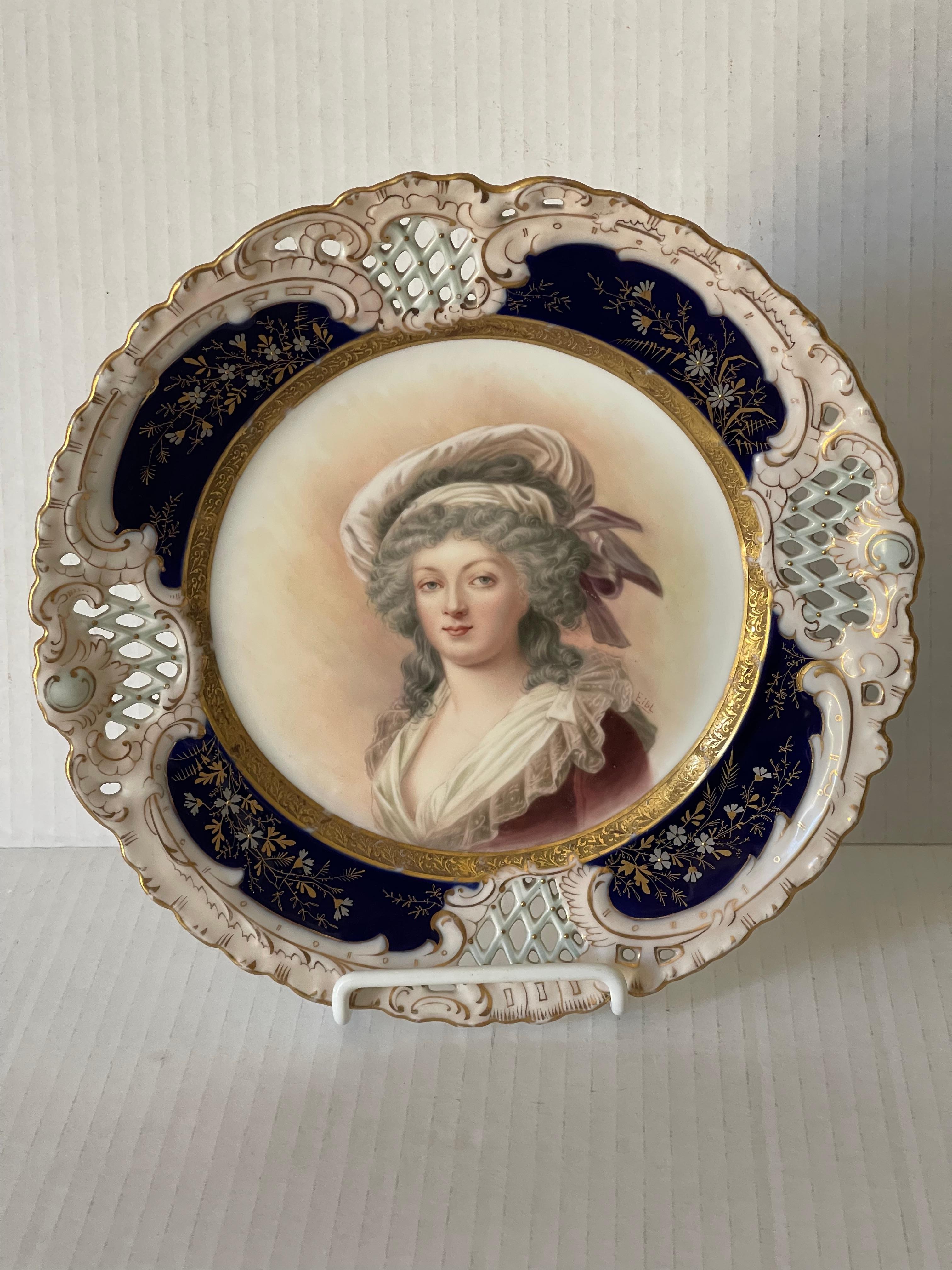 Antique German Bavarian Princess Therese cabinet portrait porcelain plate, reticulated , enameled. Handpainted portrait of Bavarian Princess Therese. Historical memorabilia portrait plate.