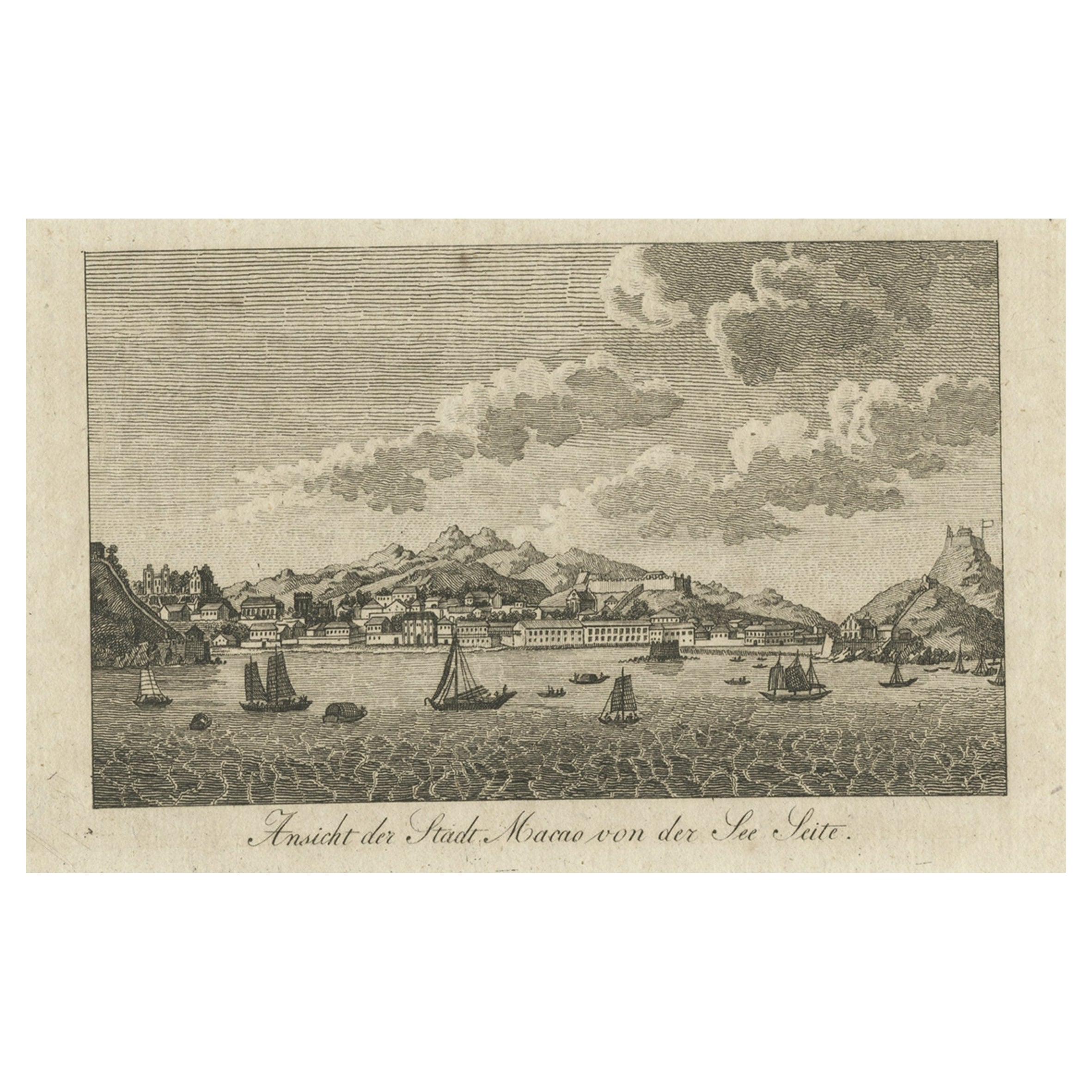 Antiker deutscher Druck von Macau oder Macao in Asien, veröffentlicht um 1800