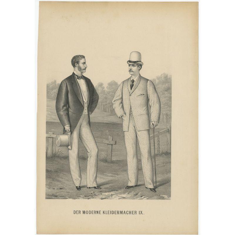 Antique costume print titled 'Der Moderne Kleidermacher IX'. Old fashion print of two men wearing various outfits including long jackets/coats and hats.

Artists and Engravers: Anonymous.

Condition: Good, general age-related toning. Minor wear,