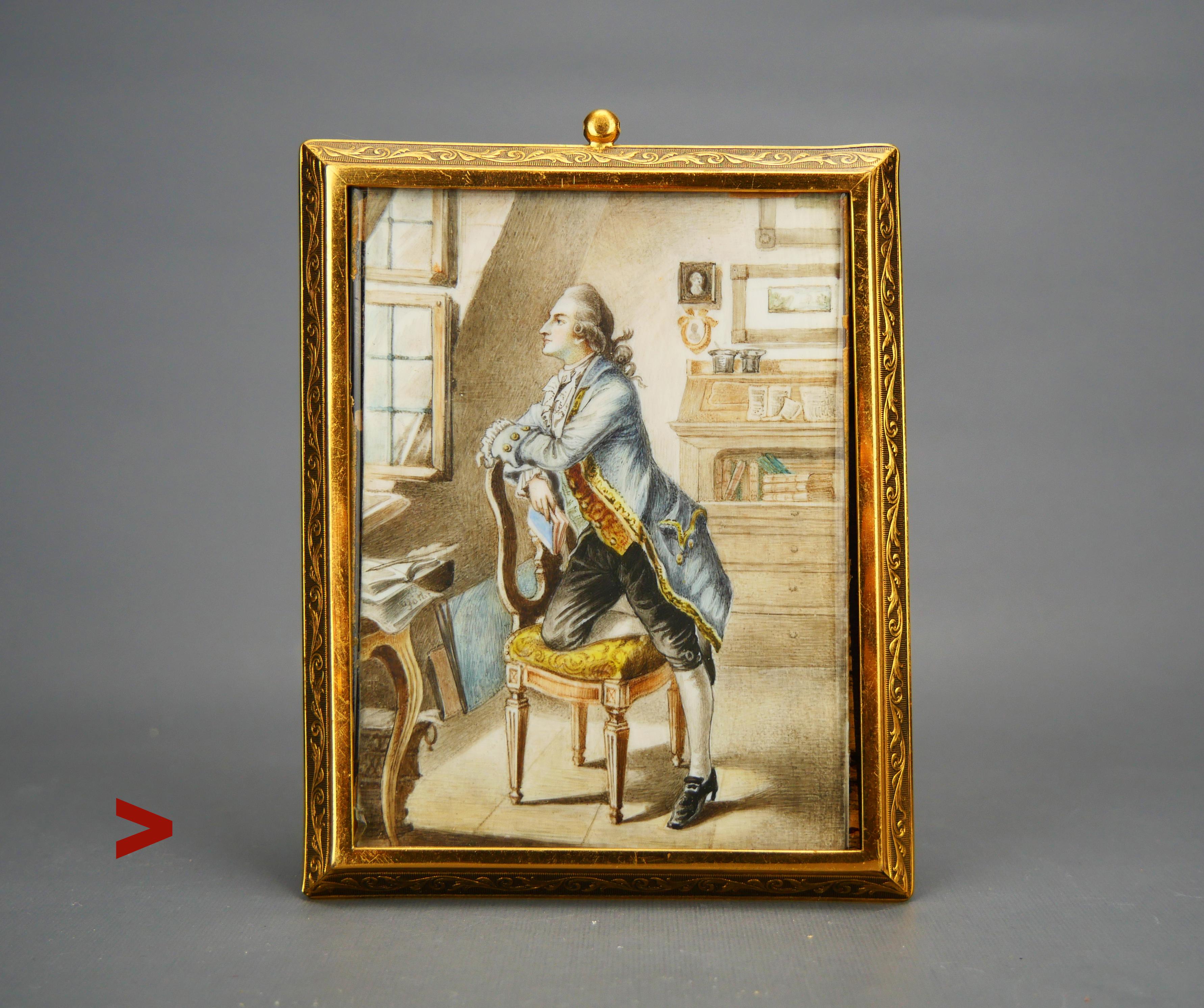 Ca. spätes 19. Jahrhundert gerahmte deutsche Miniatur handgemalt  Tempera  Gemälde von Johann Wolfgang von Goethe ( 28. August 1749 - 22. März 1832 ). Initialen des anwesenden Künstlers.

Der letzte Besitzer sagte, dass es 1944 mit einem migrierten