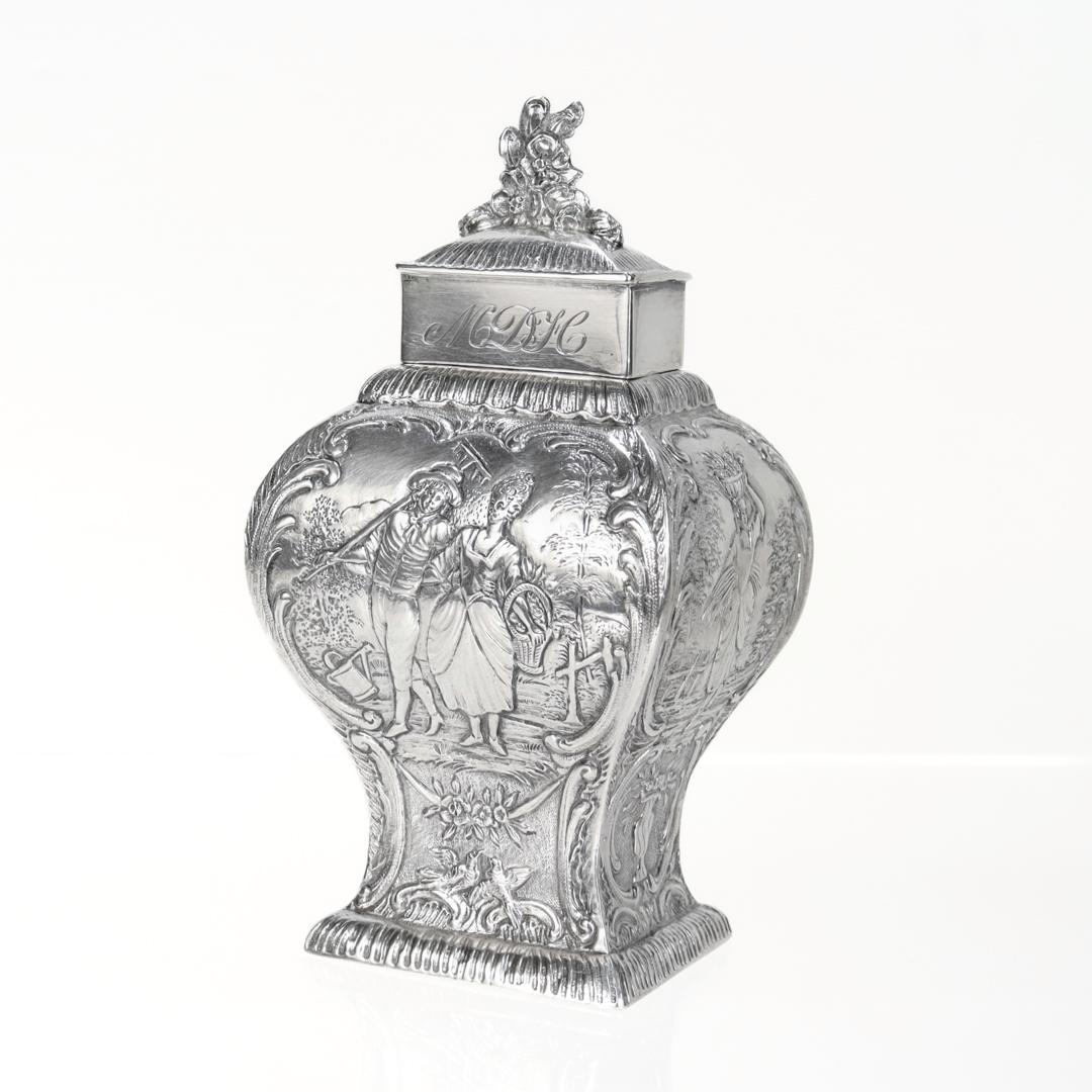 Rococo Antique German Pseudo-Hanau .800 Silver Repoussé Tea Caddy by Georg Roth & Co. For Sale