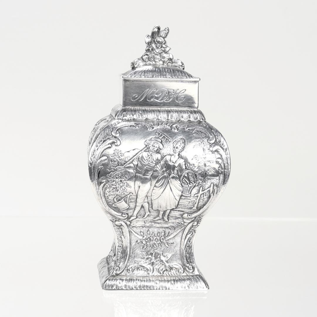 Antique German Pseudo-Hanau .800 Silver Repoussé Tea Caddy by Georg Roth & Co. In Good Condition For Sale In Philadelphia, PA