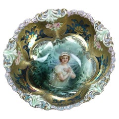 Antiguo cuenco de porcelana pintado a mano y dorado R. S. Prusia C1890