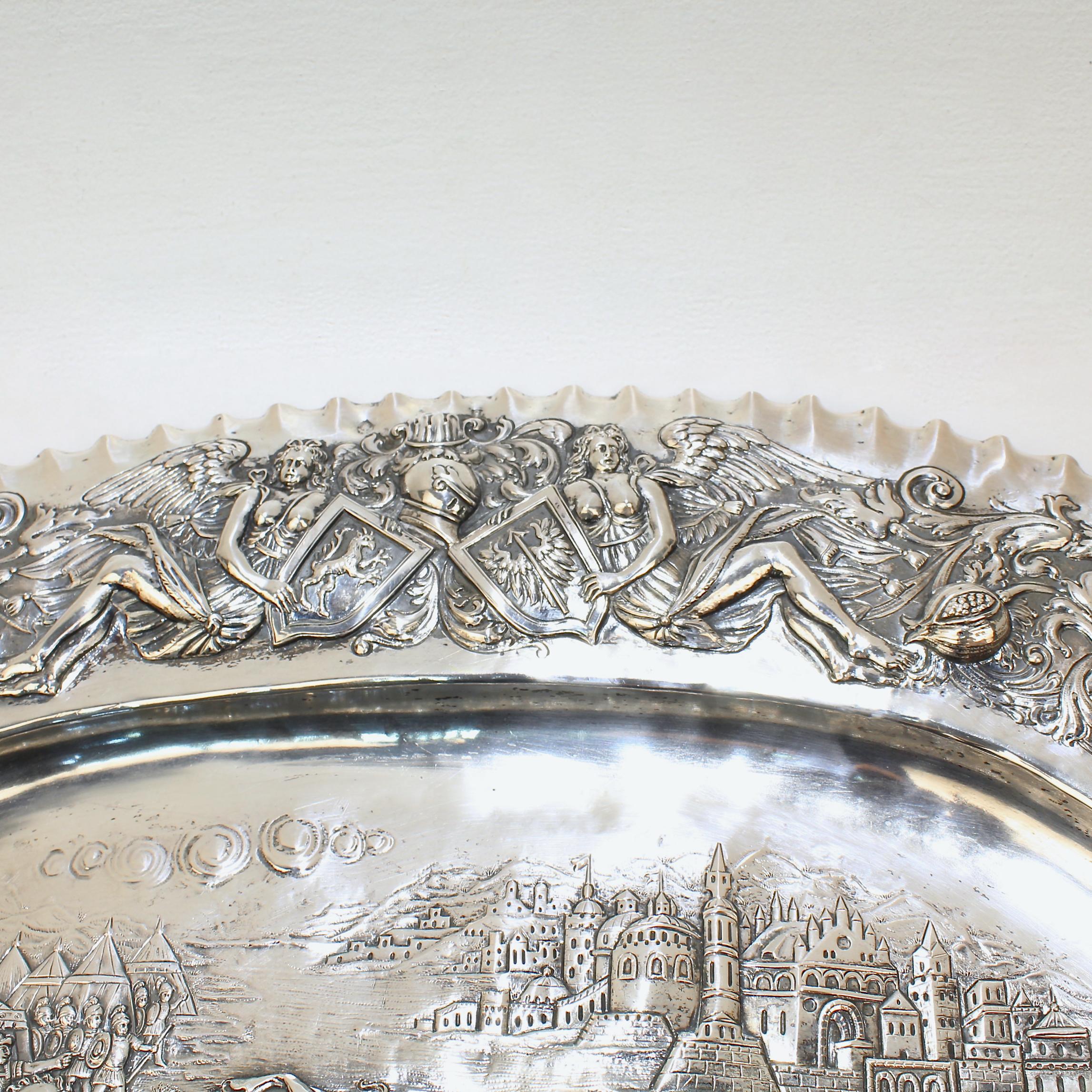 Antique German Renaissance Revival 800 Solid Silver Repousse Tray or Charger 8