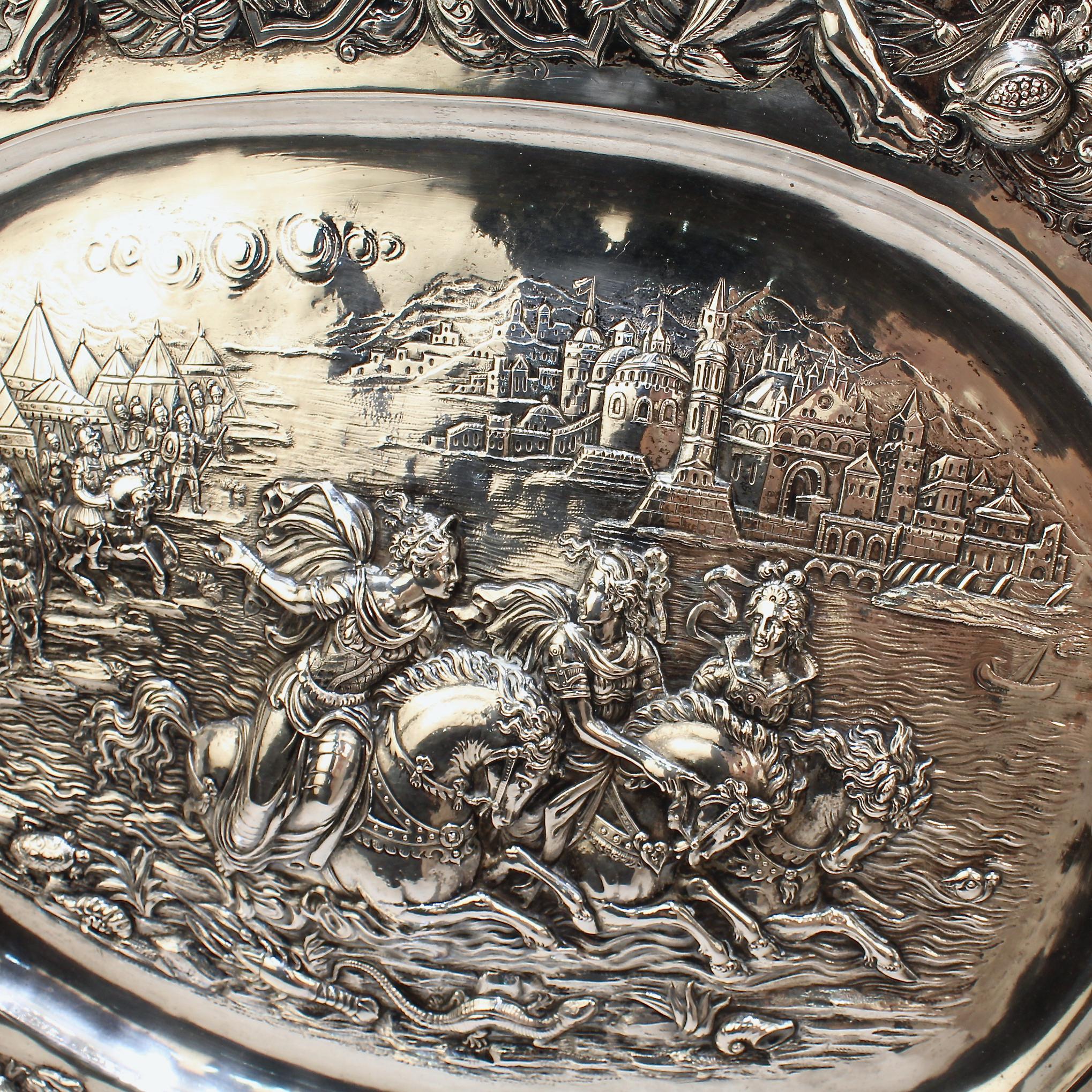 Antique German Renaissance Revival 800 Solid Silver Repousse Tray or Charger In Good Condition In Philadelphia, PA