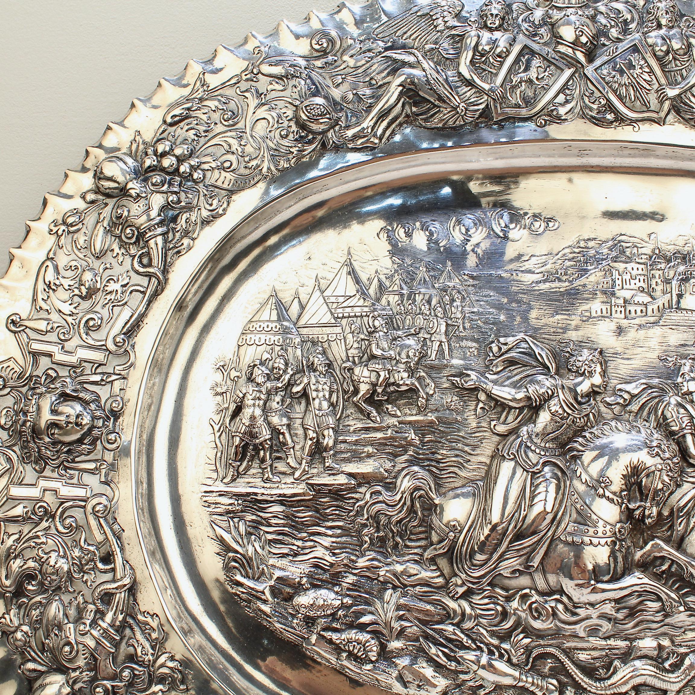 Antique German Renaissance Revival 800 Solid Silver Repousse Tray or Charger 1