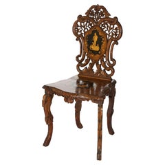 Antique German Renaissance Revival Black Forest Marquetry Hunt Scene Chair C1880
