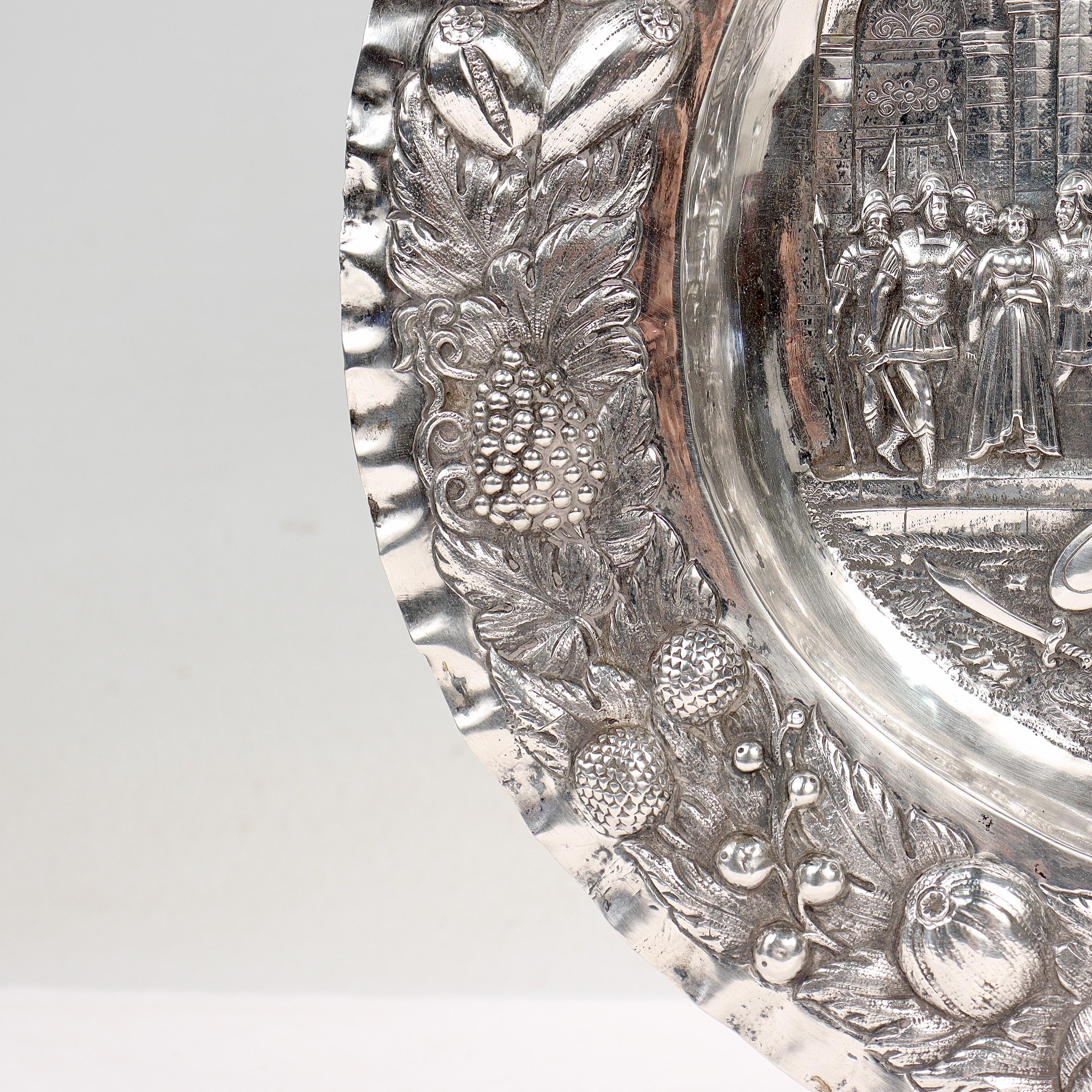 Antique German Renaissance Revival Solid 800 Silver Repousse Tray or Charger For Sale 2