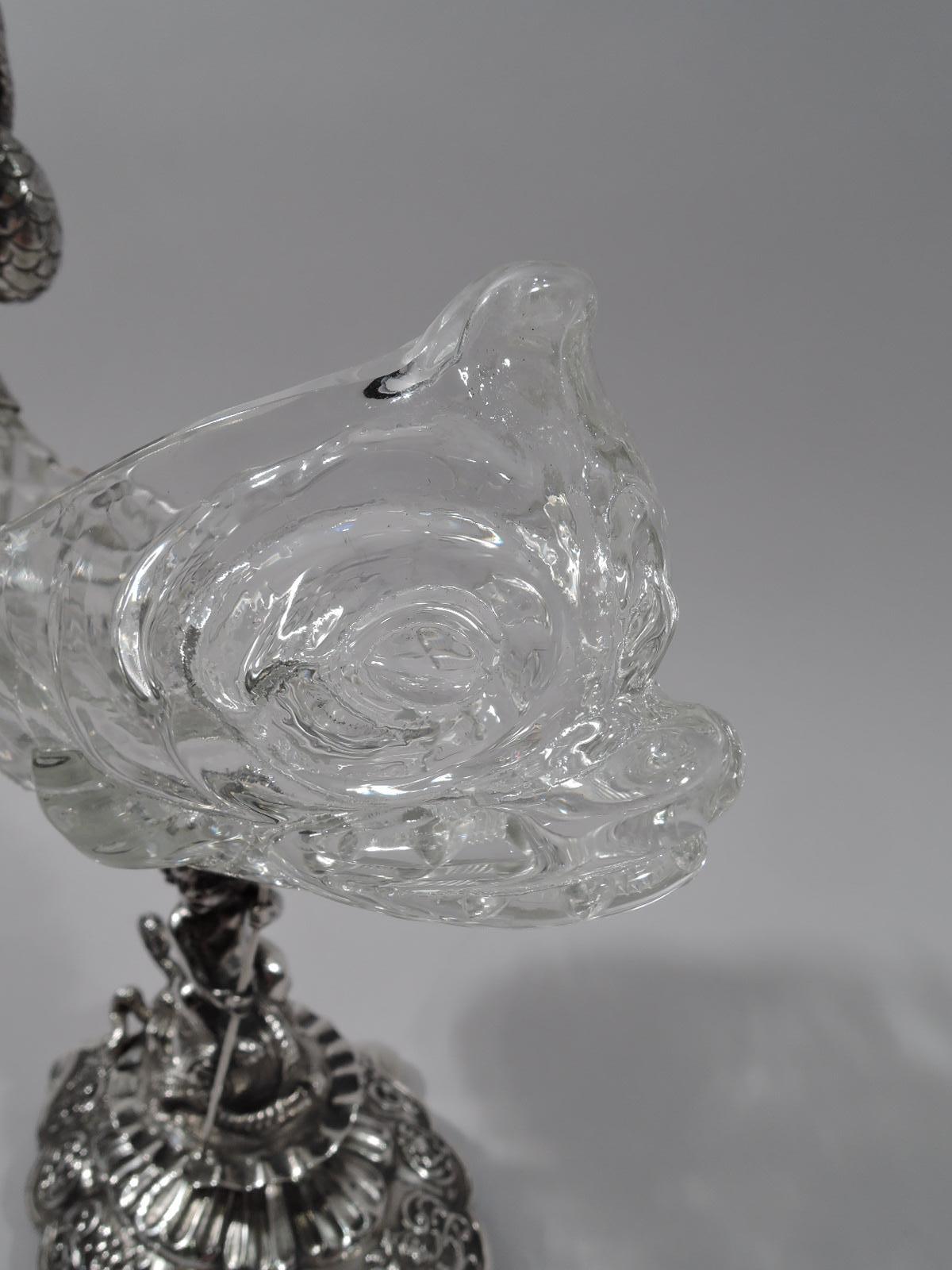 Antique German Renaissance Silver and Cut-Glass Sweetmeat Dolphin Bowl In Excellent Condition In New York, NY