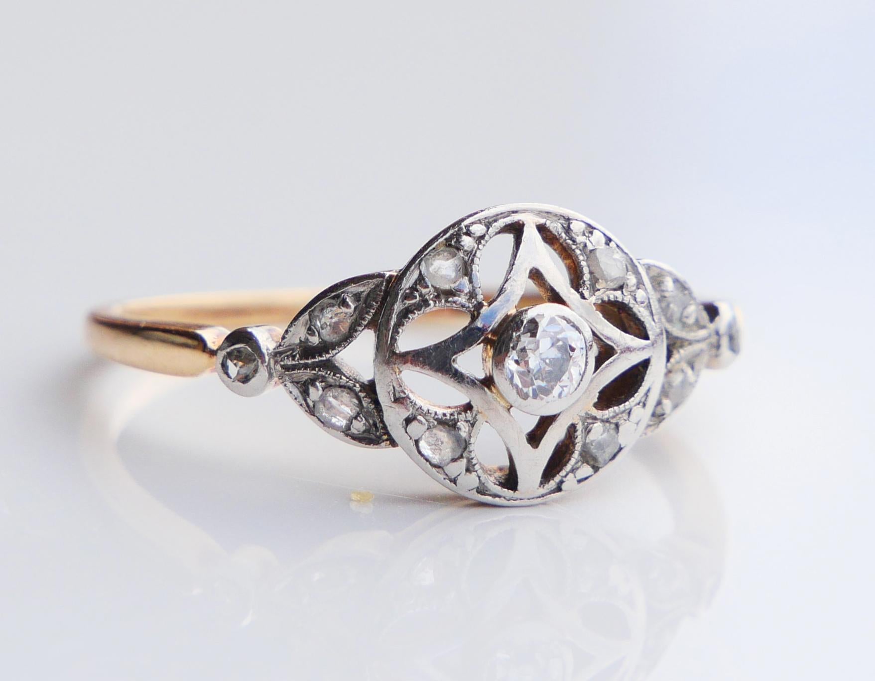 Anello antico tedesco con 0,4 ctw di diamanti in oro 14K e platino US 7,75 / 2,4 gr. in vendita 6