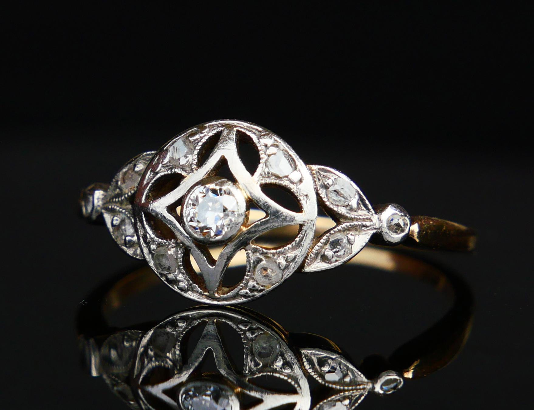 Taglio antico europeo Anello antico tedesco con 0,4 ctw di diamanti in oro 14K e platino US 7,75 / 2,4 gr. in vendita