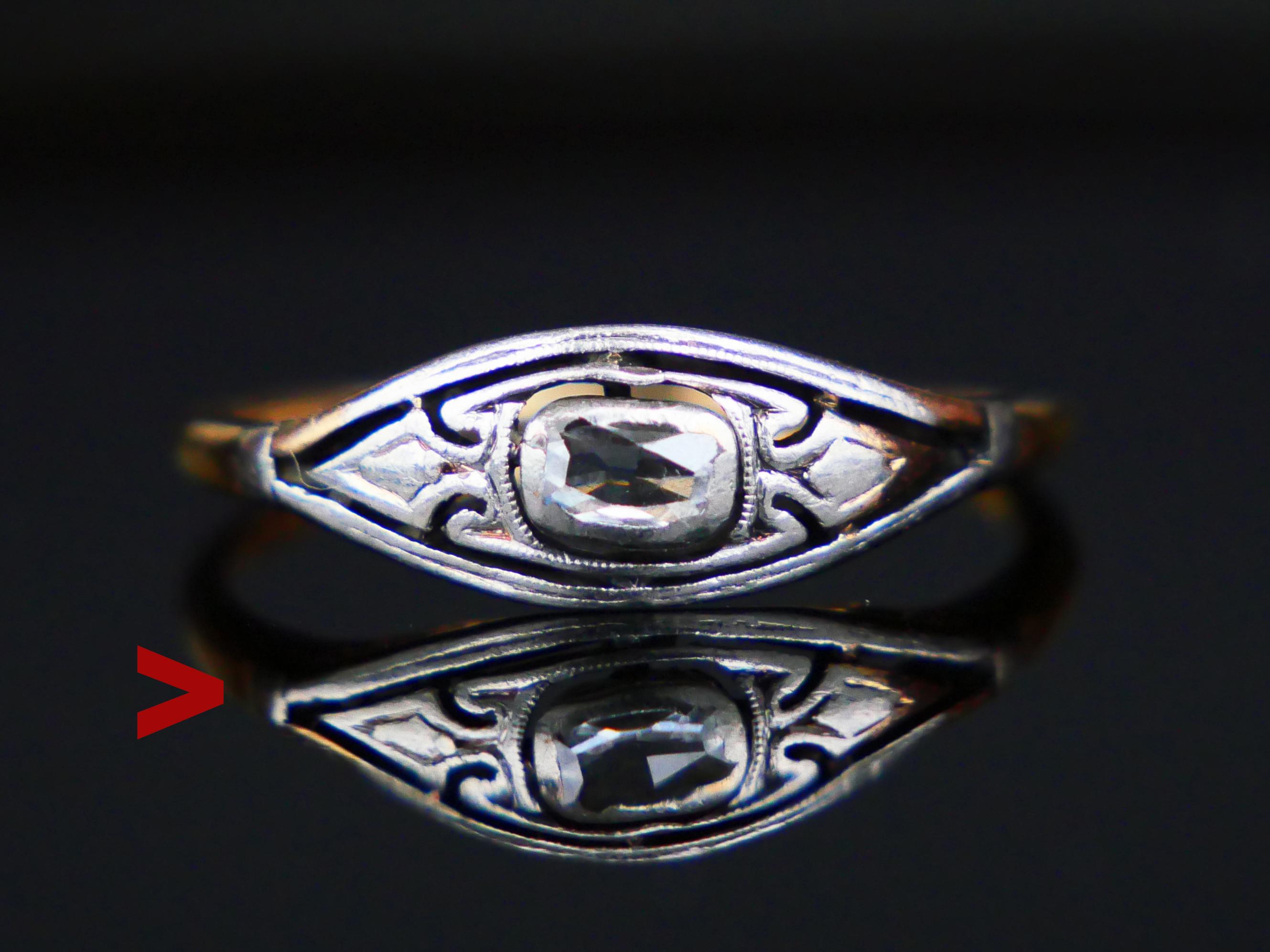 Deutscher Ring mit ungewöhnlichem Design, ca. 1920-1930er Jahre.

Filigrane durchbrochene Silberkrone 16 mm x 6 mm an den Achsen x 3 mm tief mit Diamantstein im Phantasieschliff (natürlich) von 4,25 x 3,25 mm x 1 mm tief / ca.0,5 ct, Farbe ca. F, G