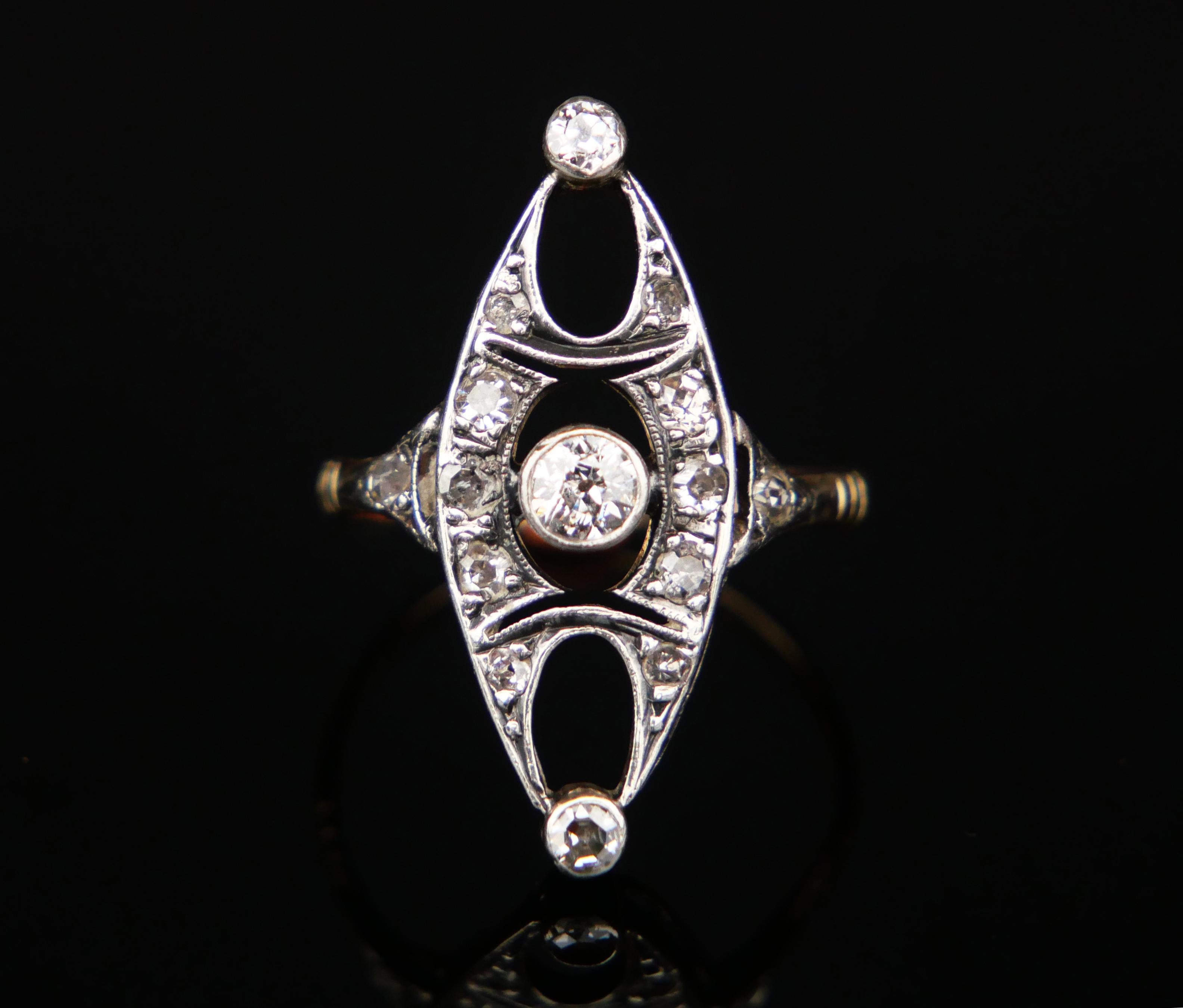 Art Nouveau Antique German Ring 0.7ctw Diamonds solid 14K Yellow Gold Silver Ø6.75US/2.55gr For Sale